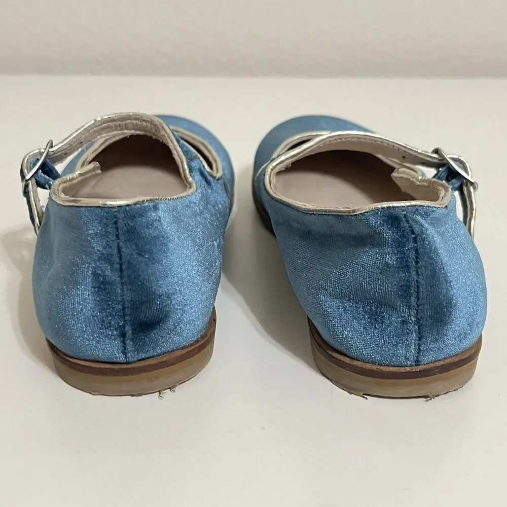 Mini Boden Blue Velvet Mary Jane Shoes Buckle Flats Girls Size 32 US 13.5